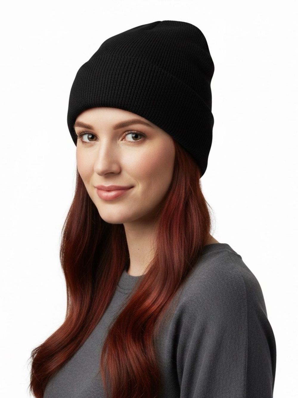 Black Ribbed Knit Cuffed Beanie Hat Lightweight